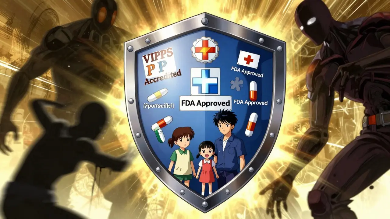 Shield protecting family from fake drug threats