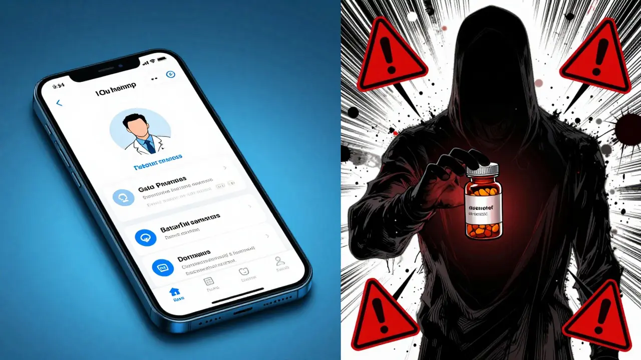 Smartphone with telehealth app vs shady scam figure, manga style