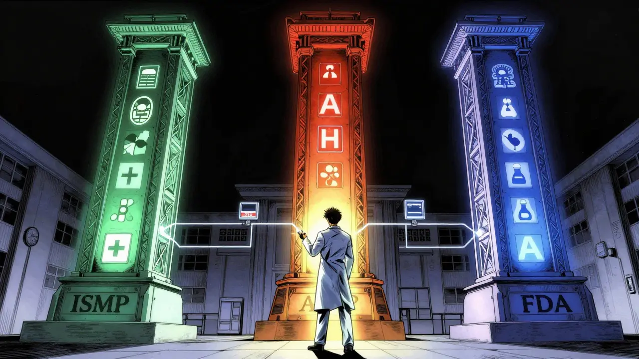 Three glowing pillars representing safety organizations in manga art