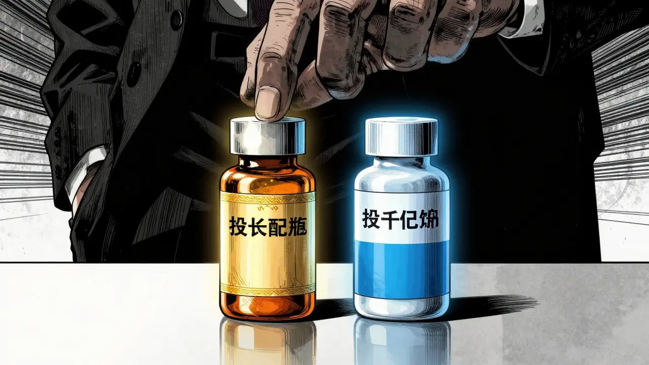Two pill bottles compared under a corporate hand in manga style