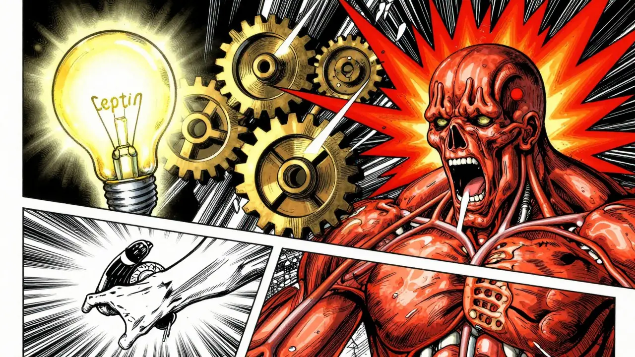 Abstract manga depiction of hormonal shifts and stress during dieting
