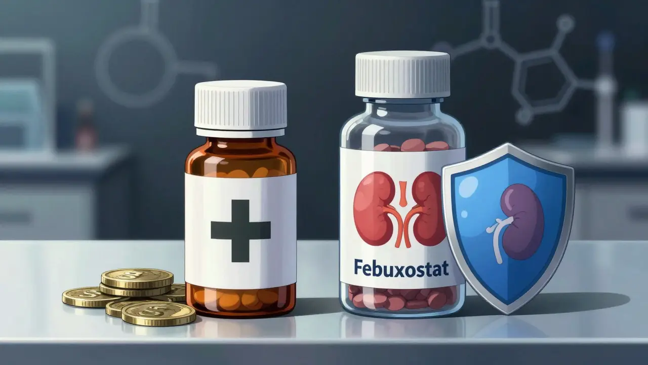Comparison of Allopurinol and Febuxostat pills with cost and kidney icons