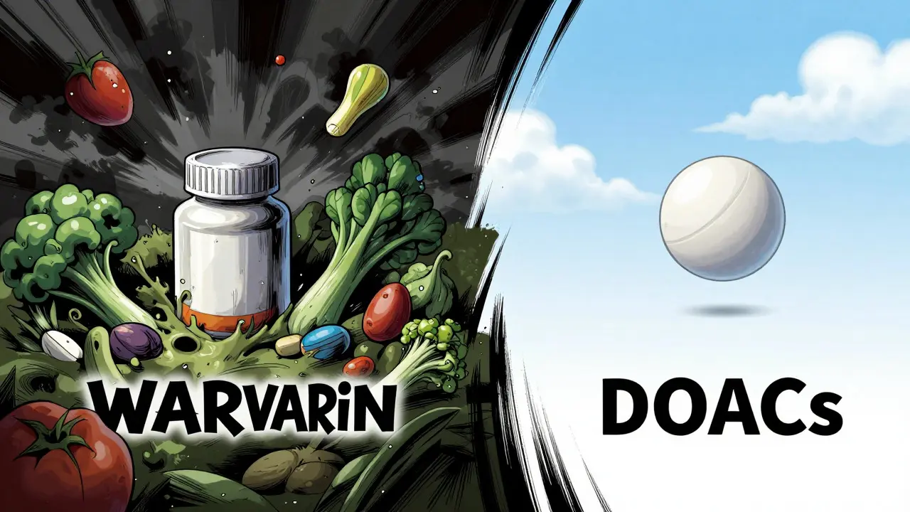 Contrast between chaotic warfarin restrictions and calm doac stability in an anime scene.