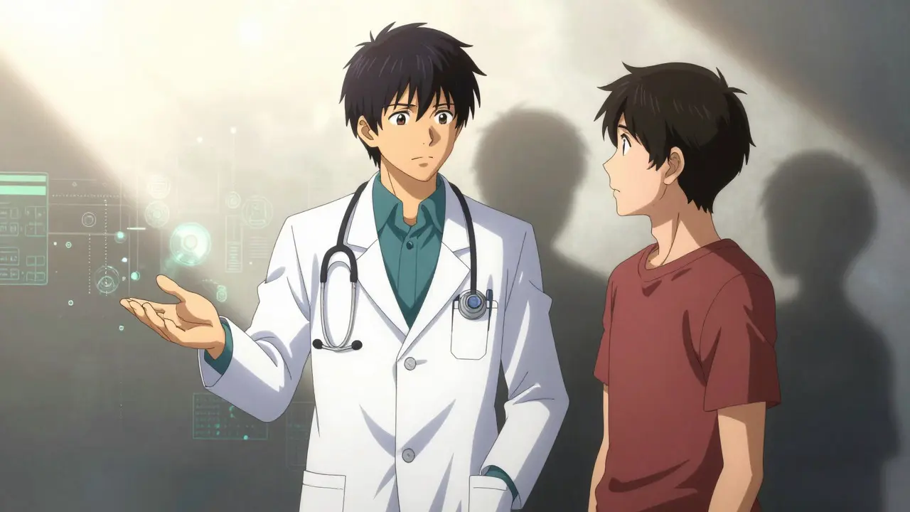 Doctor and patient sharing a moment of trust and clarity, illuminated by hope and scientific knowledge.