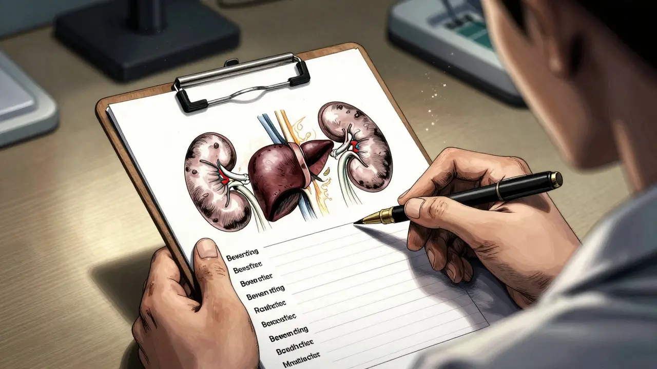 Doctor reviewing kidney health symbols while prescribing medication in a detailed manga style.