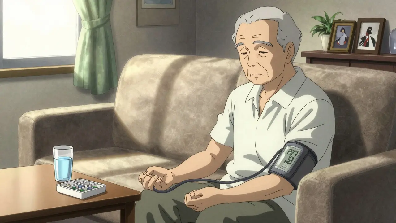 Elderly person monitoring blood pressure at home with pill organizer