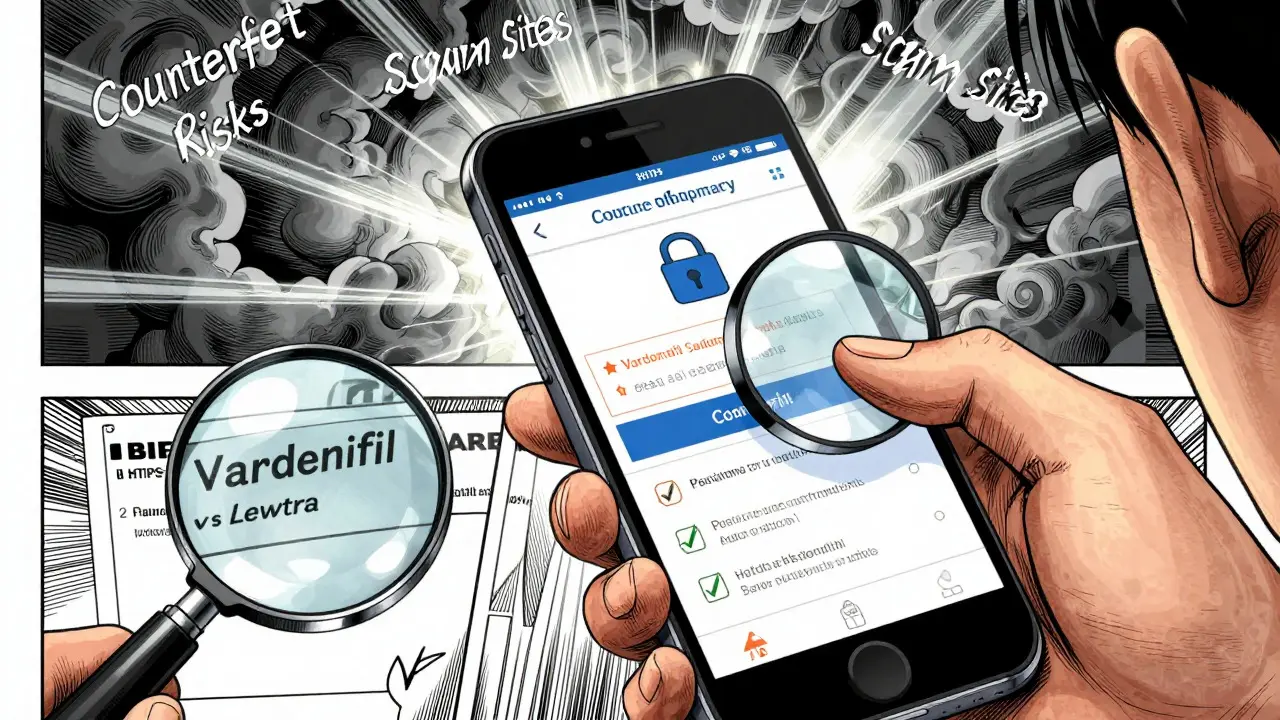 Hand checking secure pharmacy site on phone, pushing back scam clouds