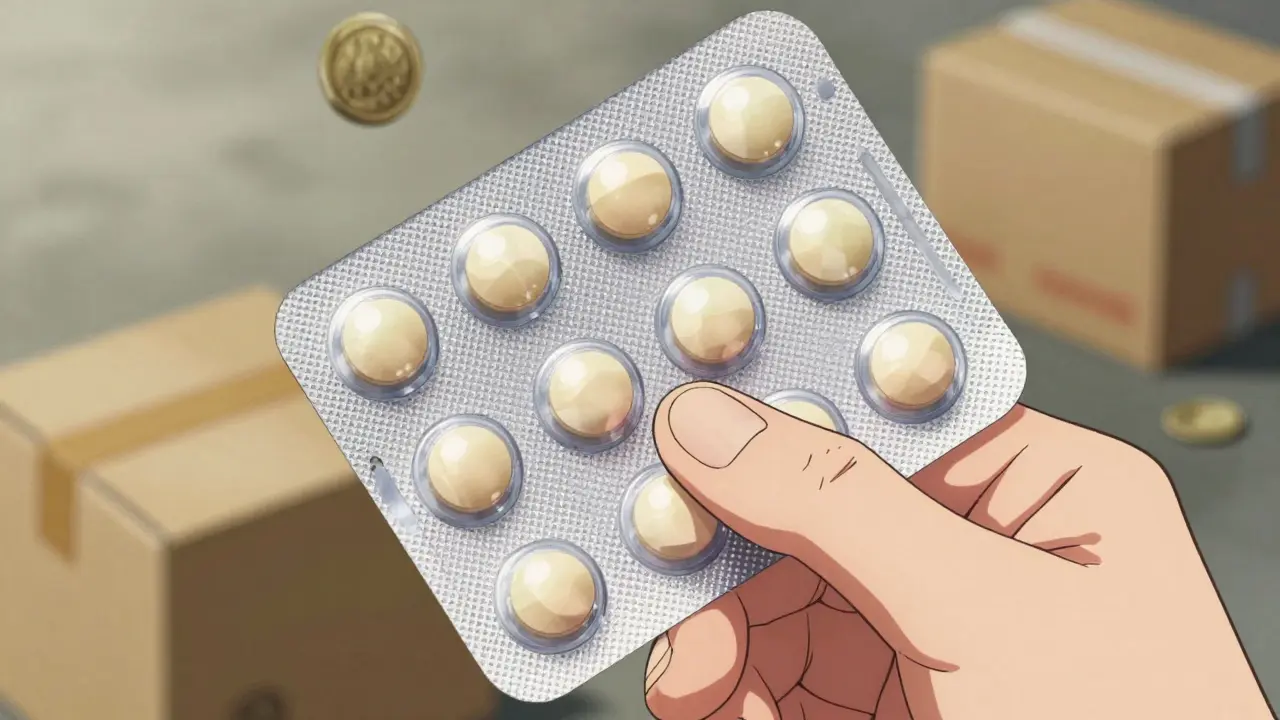 Hand holding generic colchicine pills, anime style