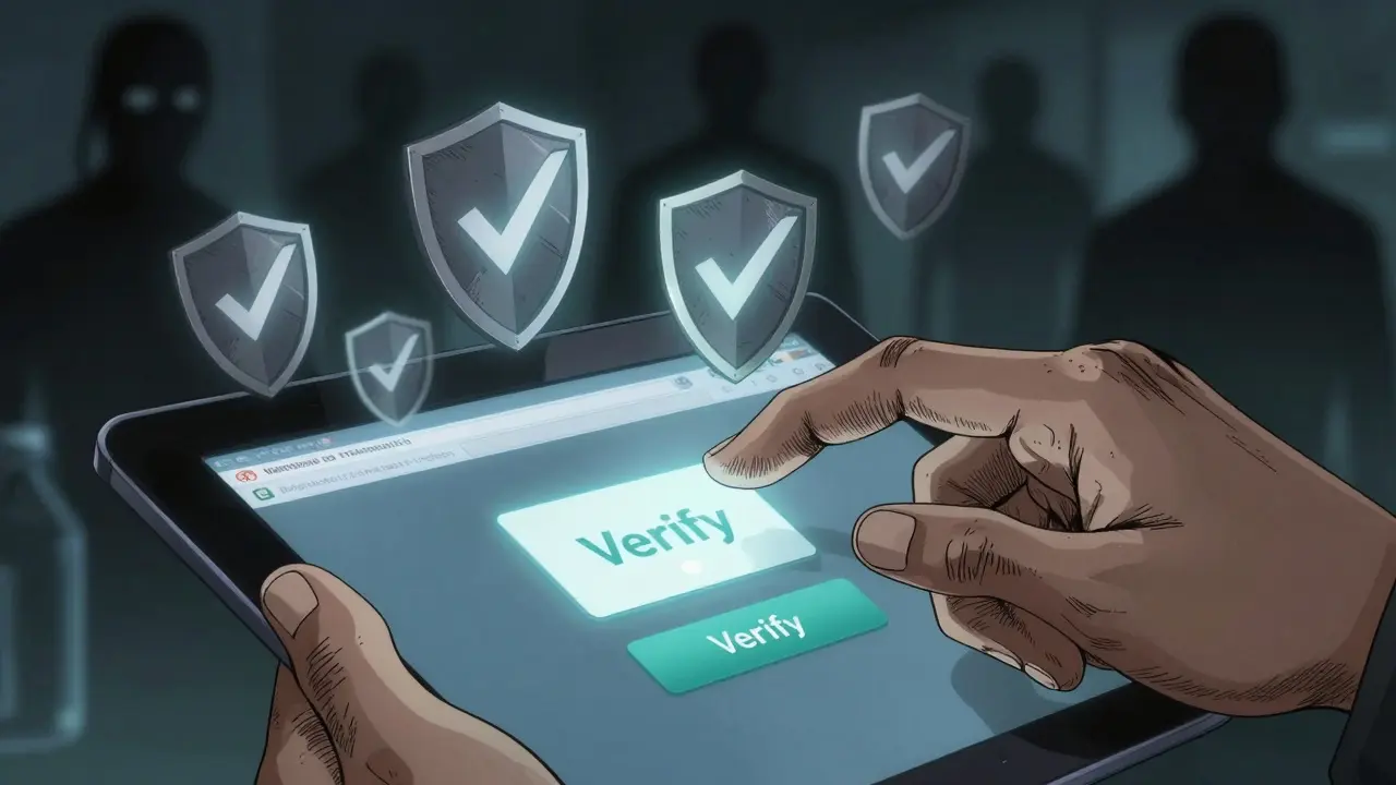 Hand verifying a safe online pharmacy with shield icons