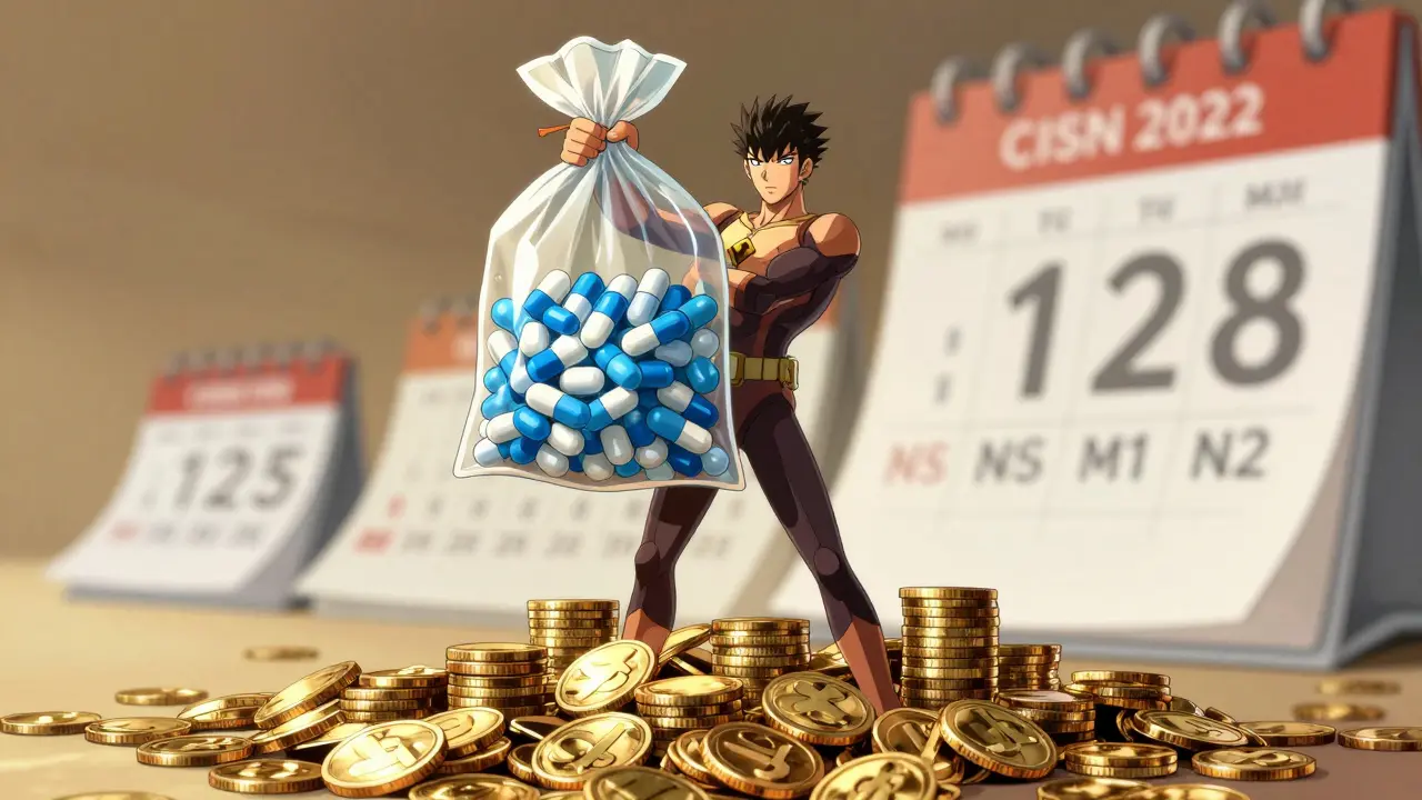 Hero holding bulk meds and coins showing savings