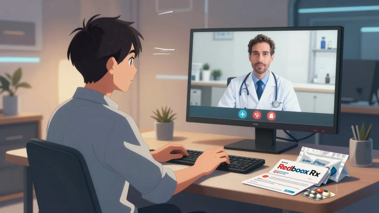Man having telemedicine video call, relieved with coupons and meds nearby