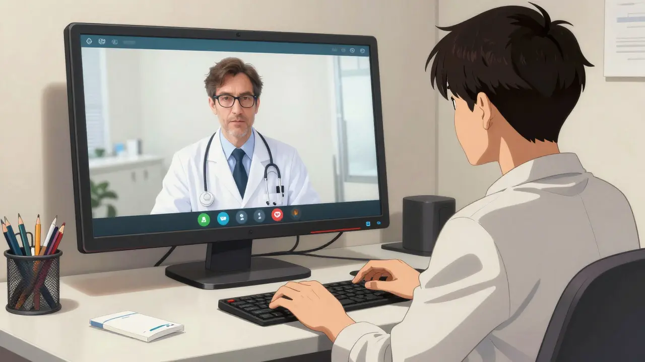 Patient consulting doctor via video call, anime style
