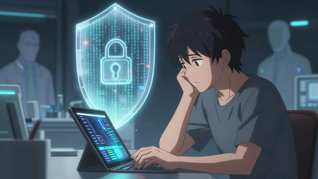 Patient using secure tech for health tracking with privacy shields