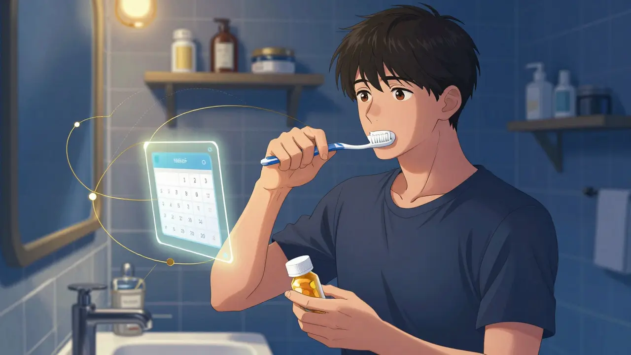 Person synchronizing medication with daily habits in a calm bathroom