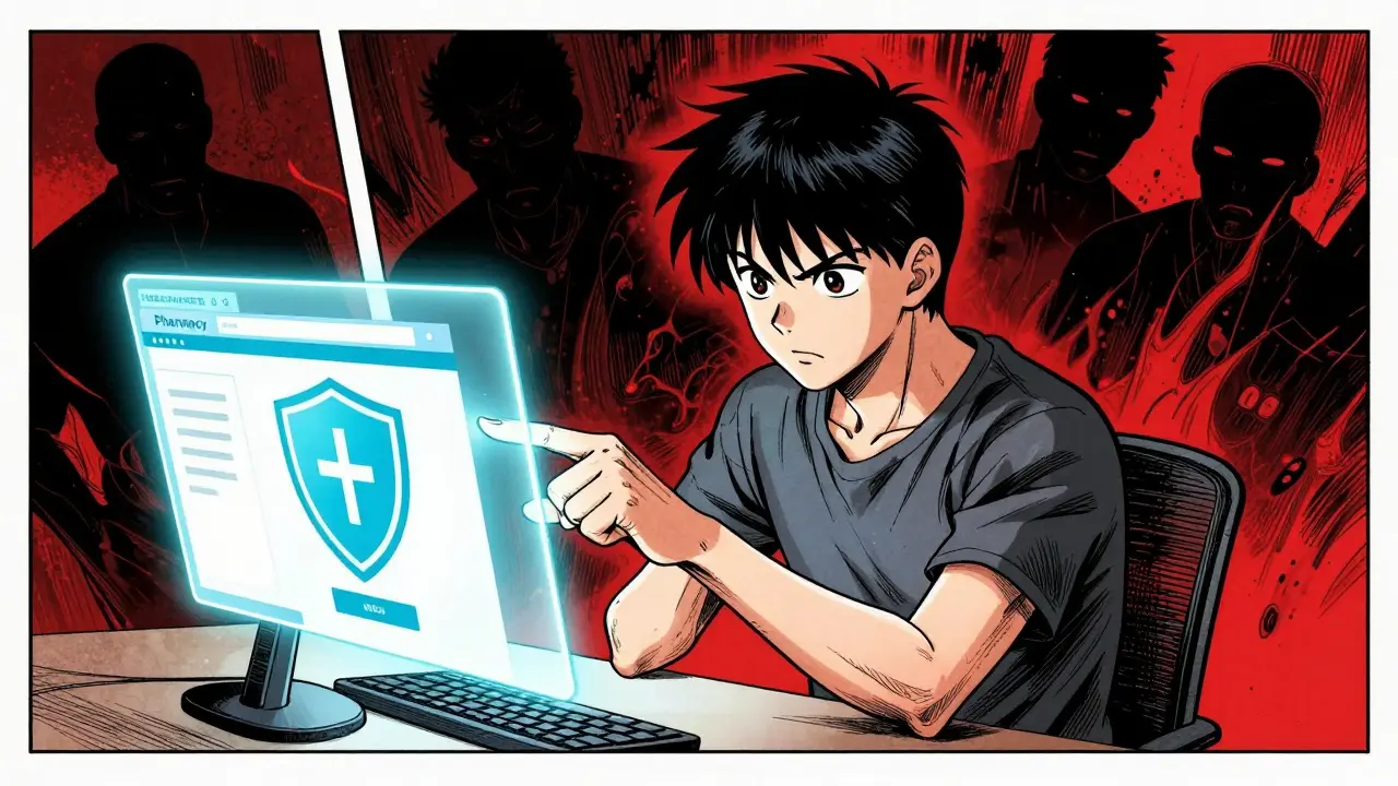 Person verifying safe online pharmacy against scams