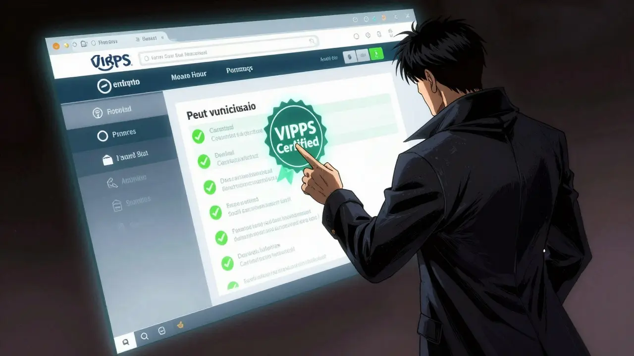 Person verifying VIPPS certified online pharmacy safely