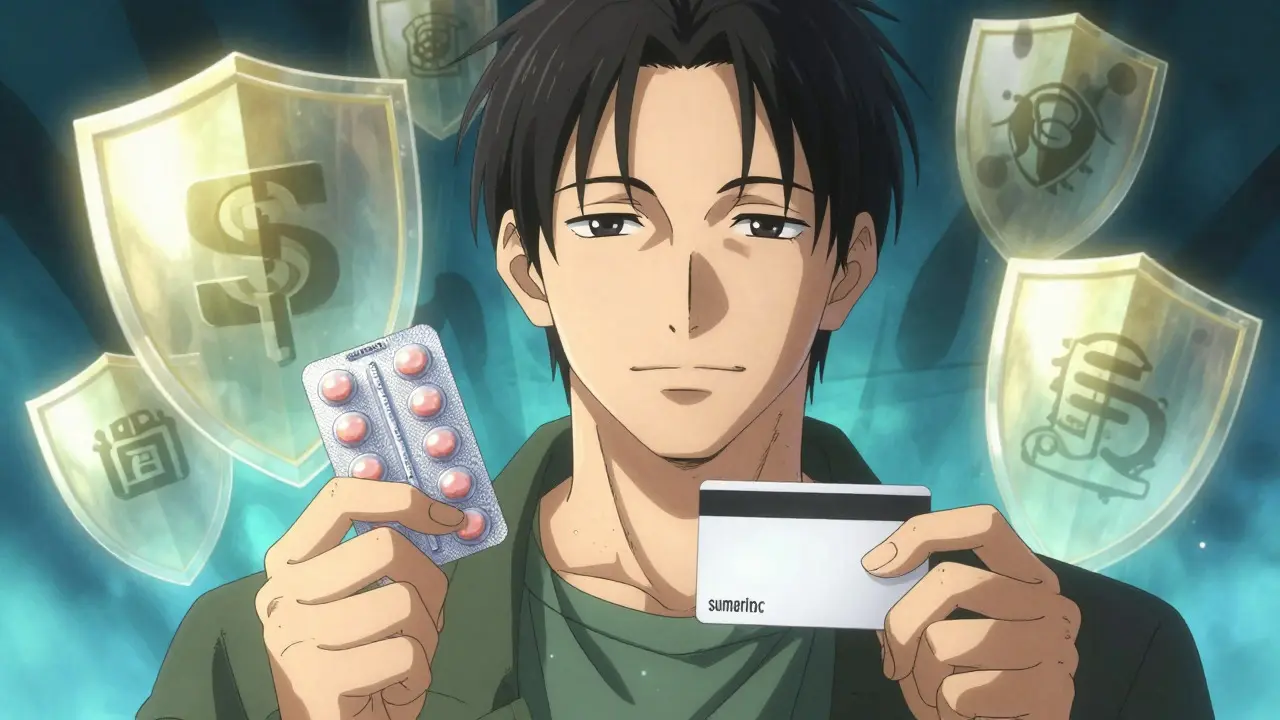 Relieved person holding pills and discount card safely