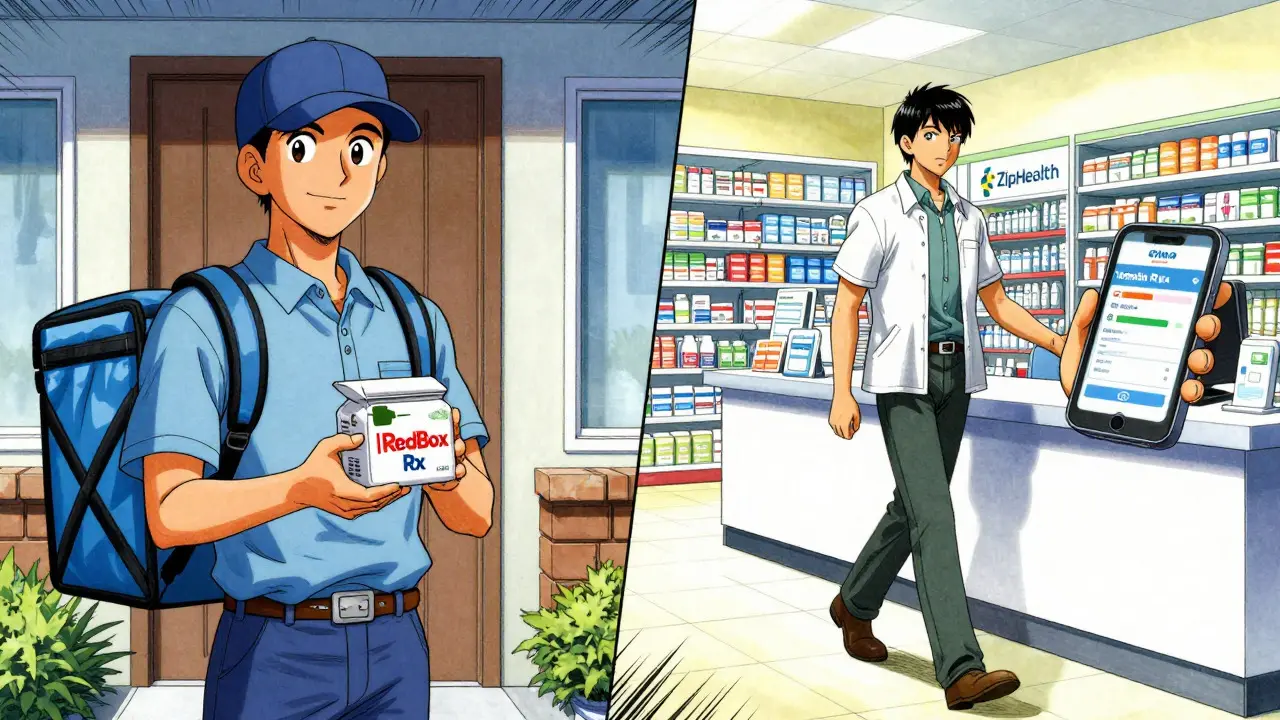 Split view of home delivery and pharmacy pickup for meds