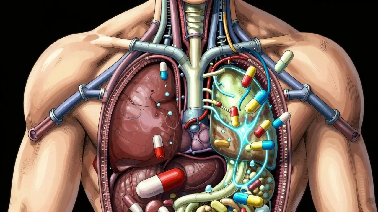 Stylized anatomical view showing how different BP meds work inside body