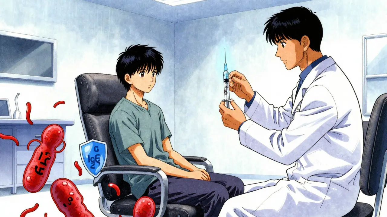 Allergist preparing injection, immune system metaphor, anime