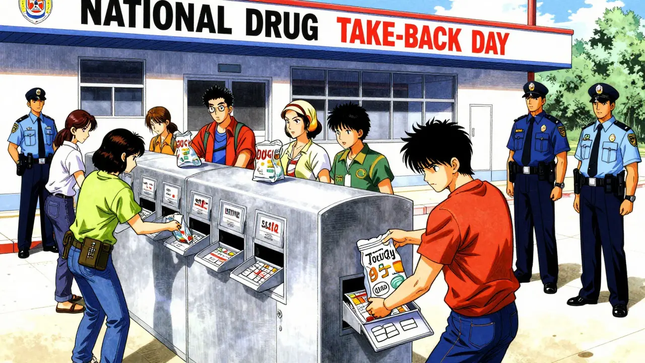 Citizens dropping off medications into secure bins at a DEA Take-Back Day event site.
