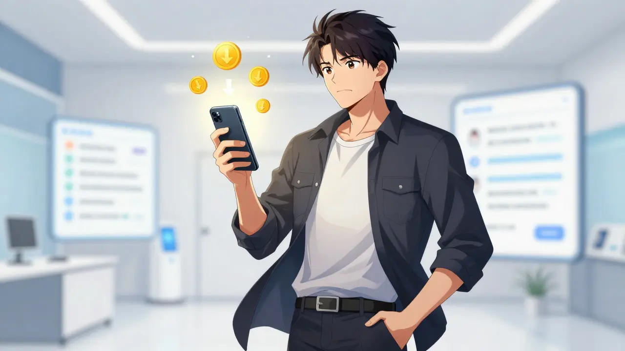 Confident person using smartphone for affordable online medication in dynamic manga style.