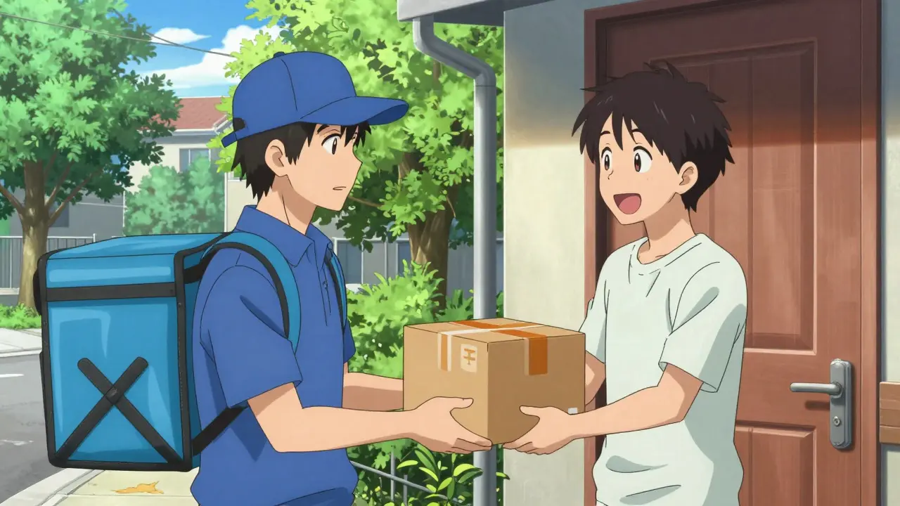 Courier delivering a medicine package to a happy customer