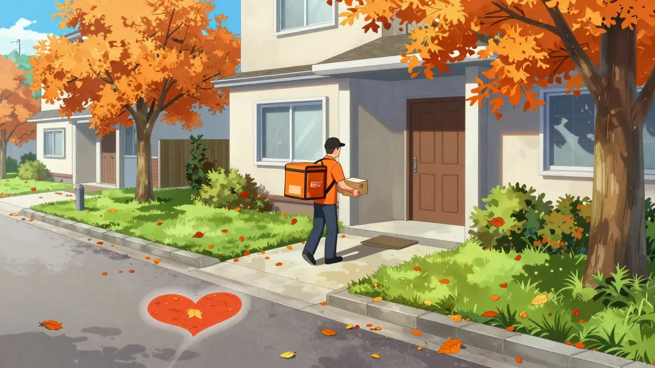 Delivery person leaving a medicine package on a suburban doorstep