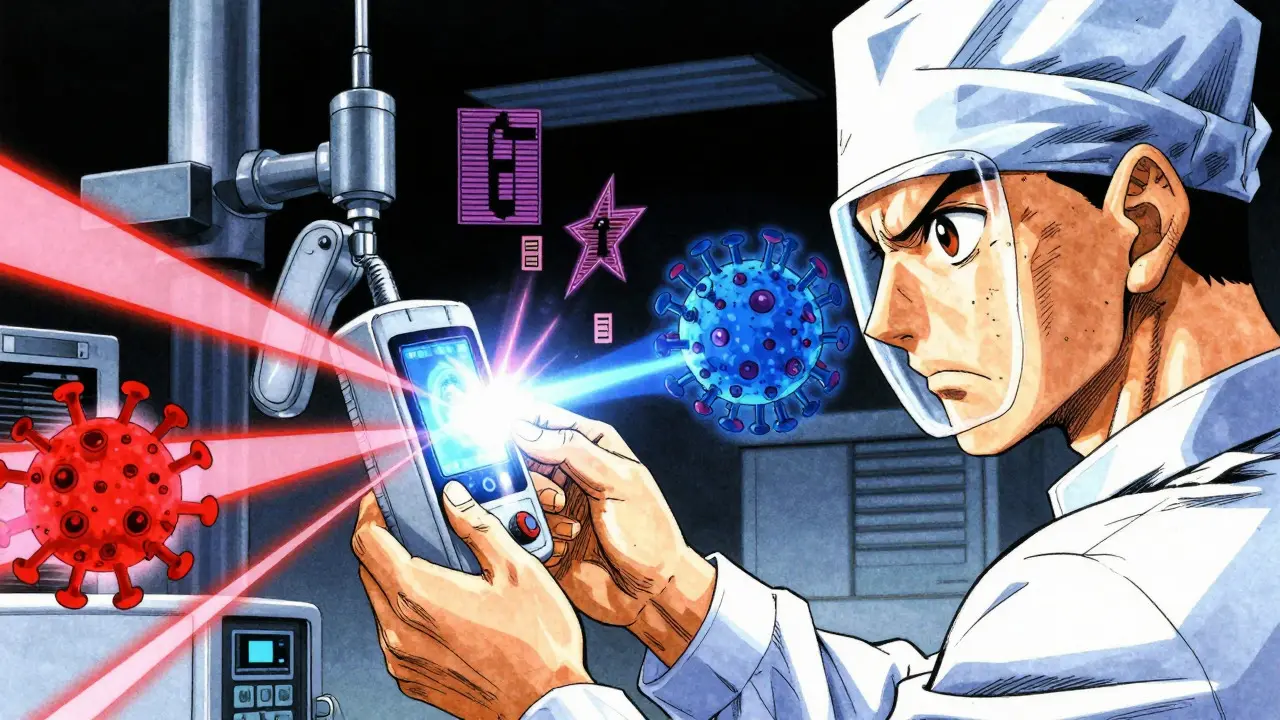 Doctor using glowing device to distinguish flu and covid symptoms