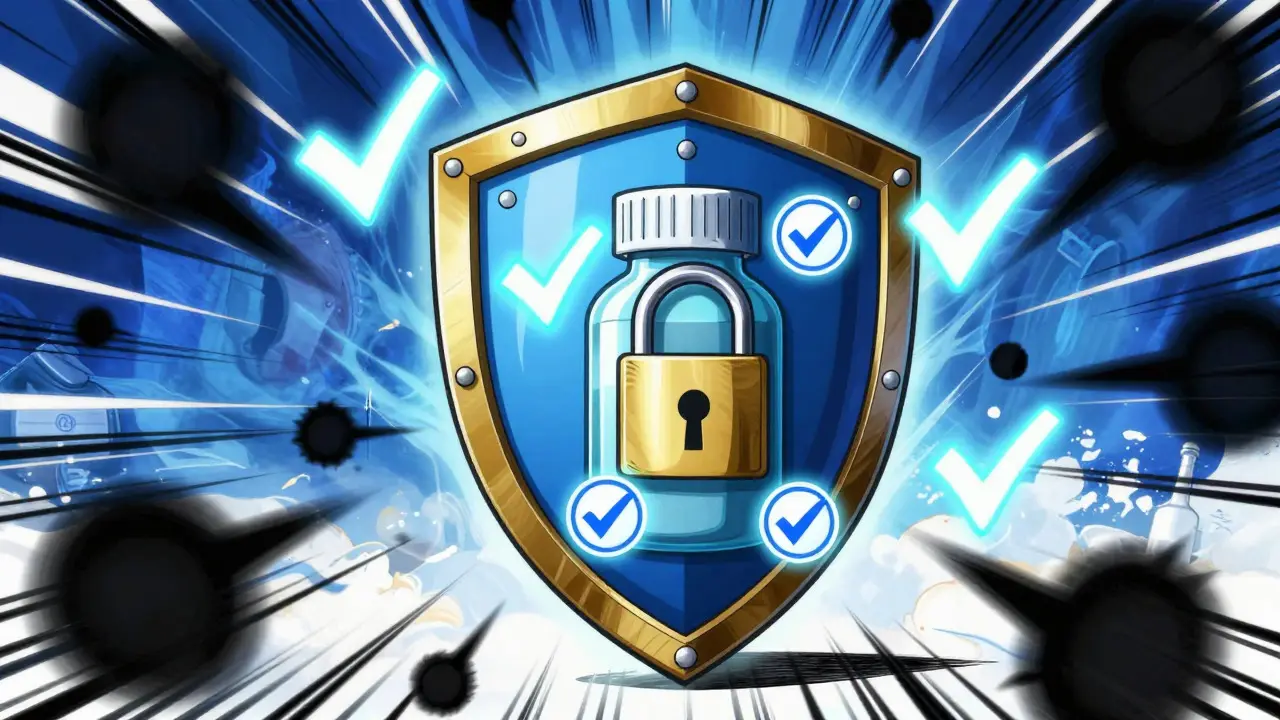 Generic medicine protected by a shield of safety symbols against scam threats in anime art.