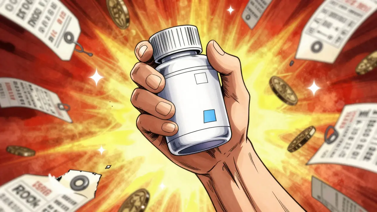 Hand holding a medicine bottle amidst falling money