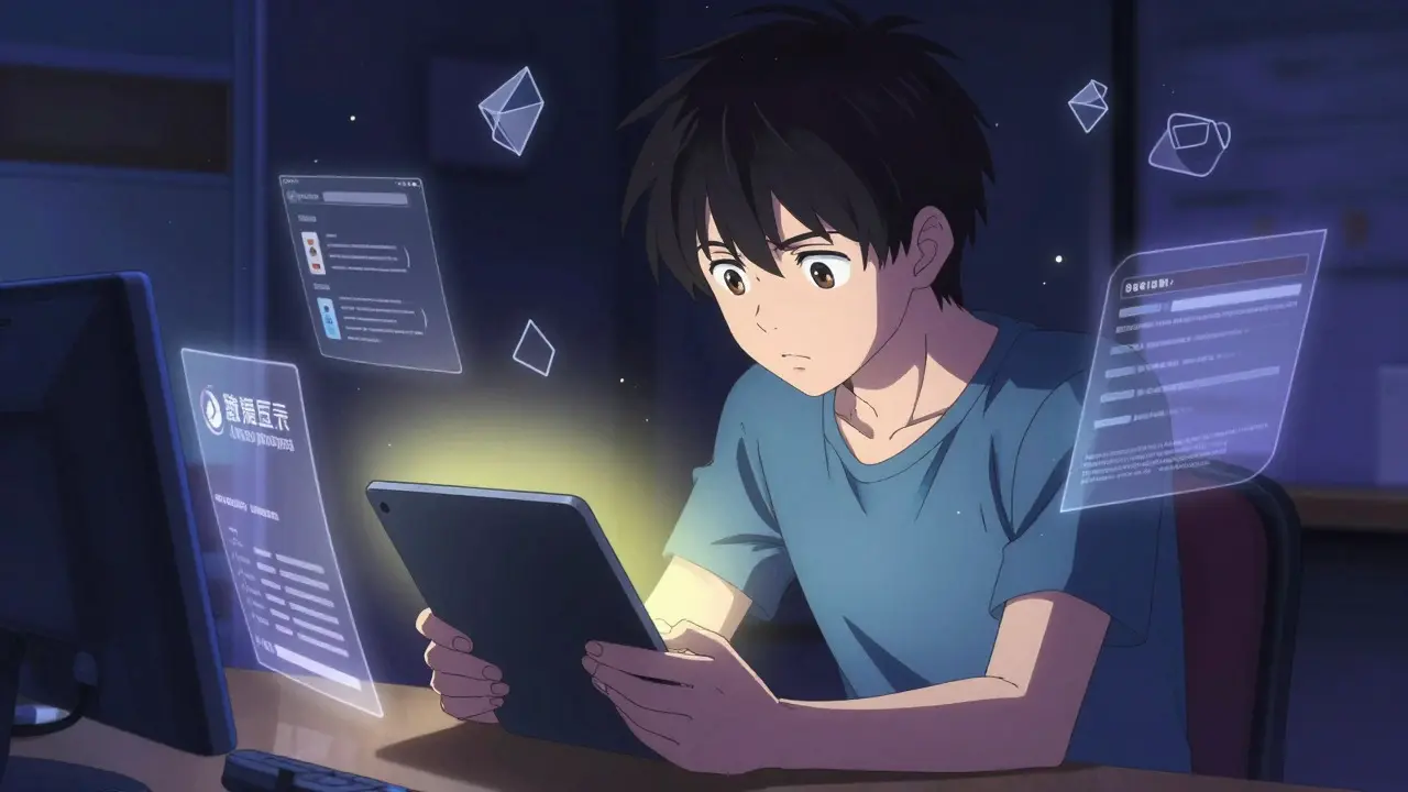 Person comparing pharmacy prices on a glowing tablet in a dark room