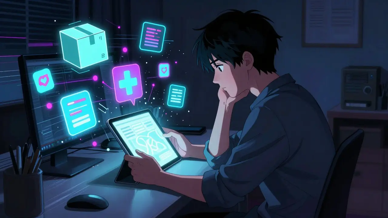Person reviewing medication options on a tablet with floating digital icons