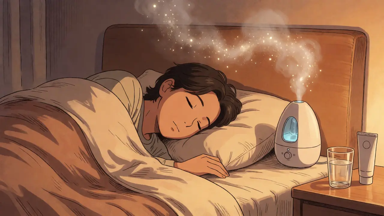 Person sleeping with humidifier and nasal strips for dry mouth