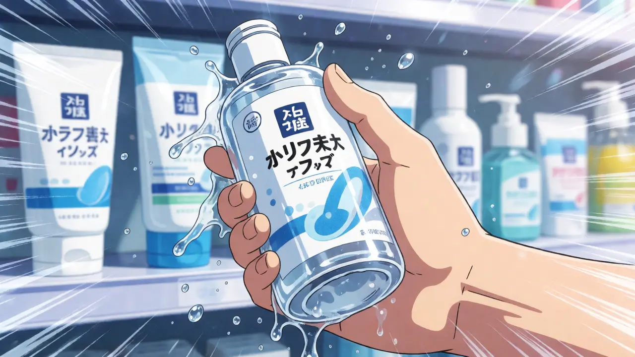 Person using alcohol-free oral rinse for dry mouth relief