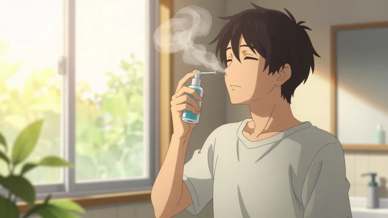 Person using saline irrigation in a sunlit bathroom for relief