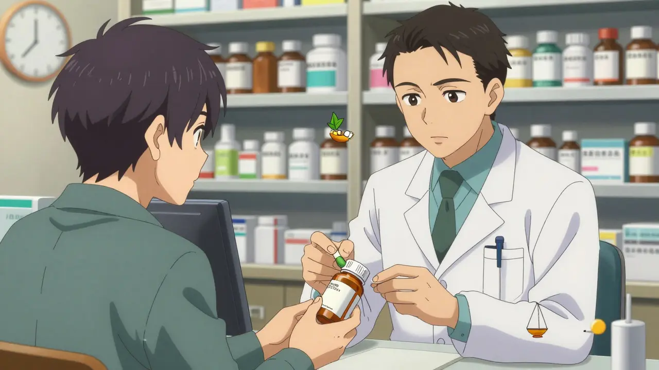 Pharmacist consulting a patient about medication in anime style