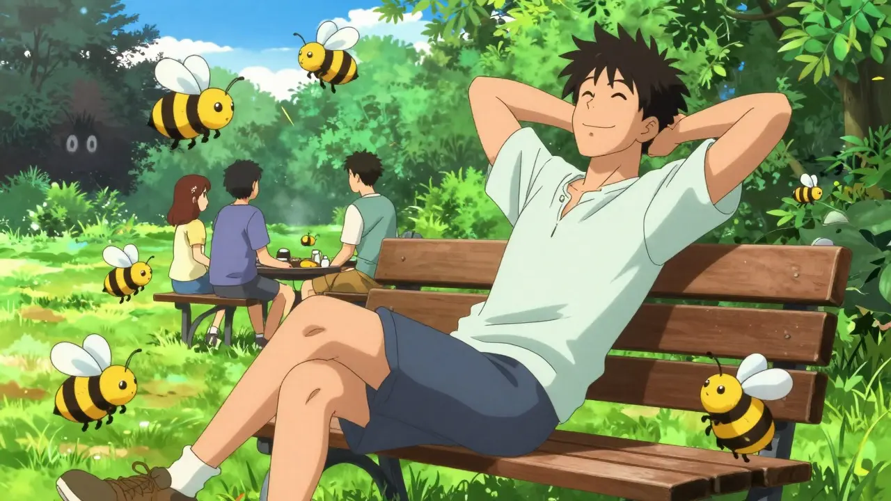 Relaxed person at park with harmless insects, anime style
