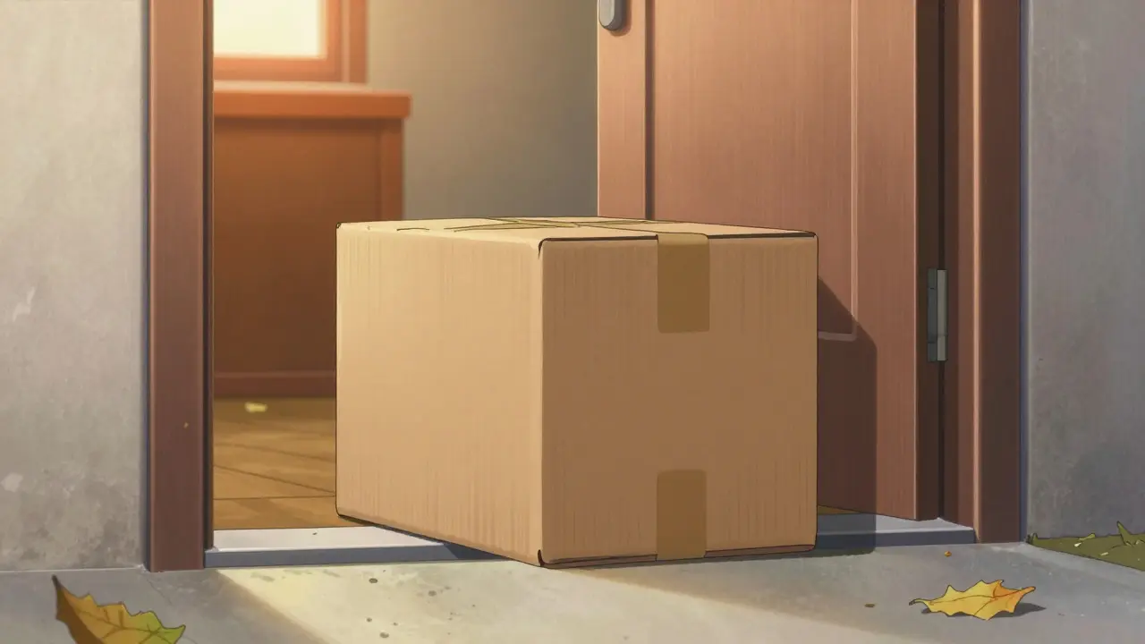 Sealed medicine package on a doorstep in warm afternoon sunlight
