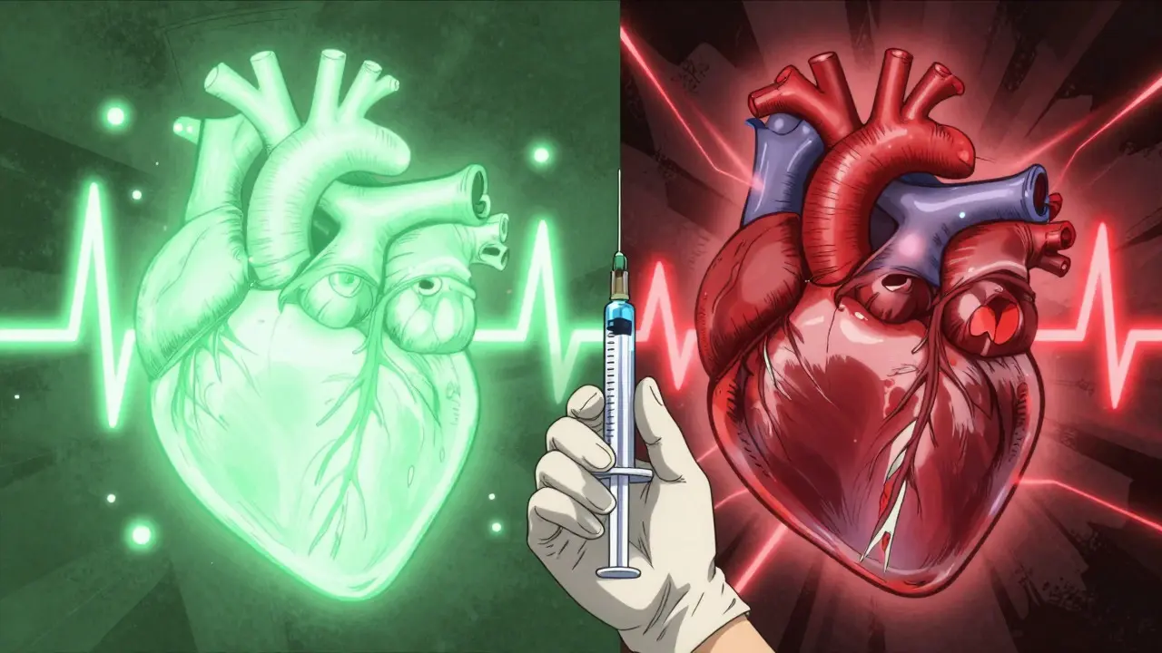 Split view of a healthy heart versus toxic heart in manga art