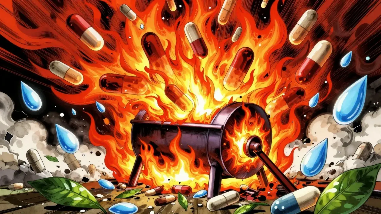 Stylized incinerator destroying pills with intense flames, symbolizing safe disposal.