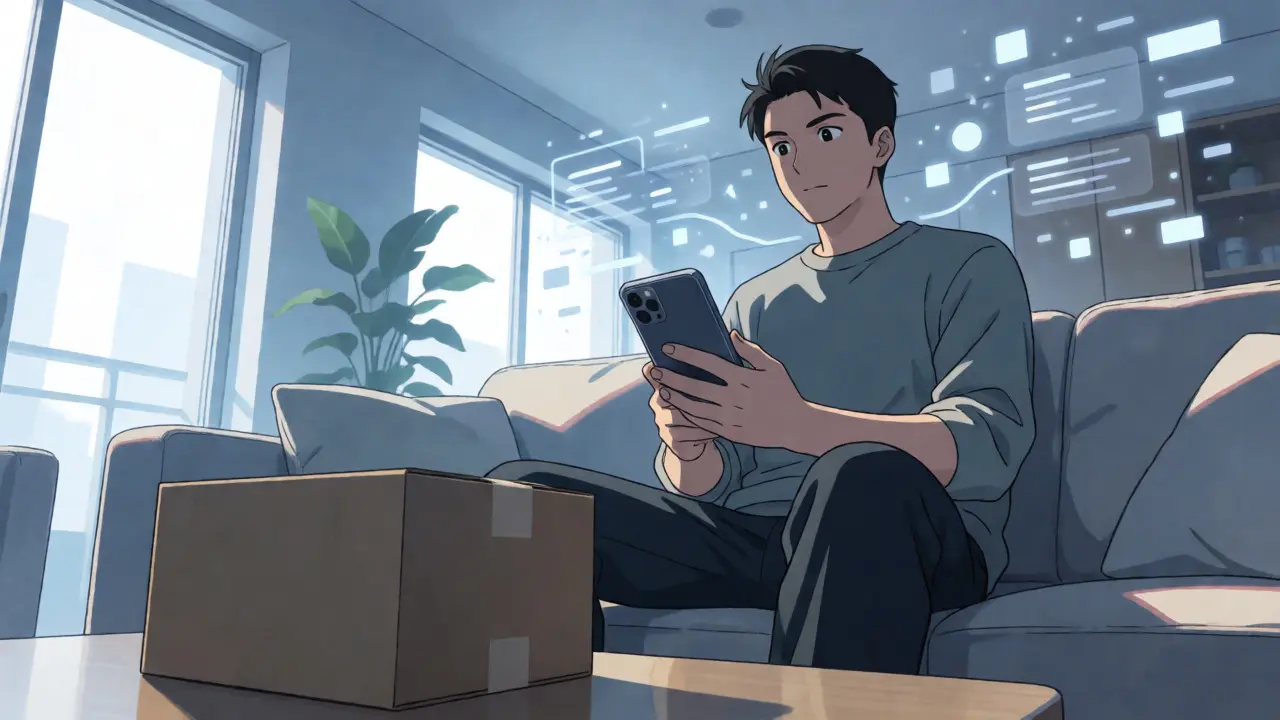 A man sitting on a sofa using a smartphone with abstract digital elements floating around him.