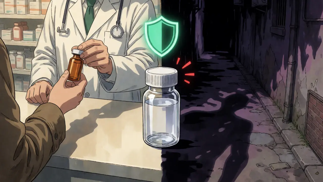 A split scene showing a bright pharmacy interaction versus a dark, shadowy risky area.